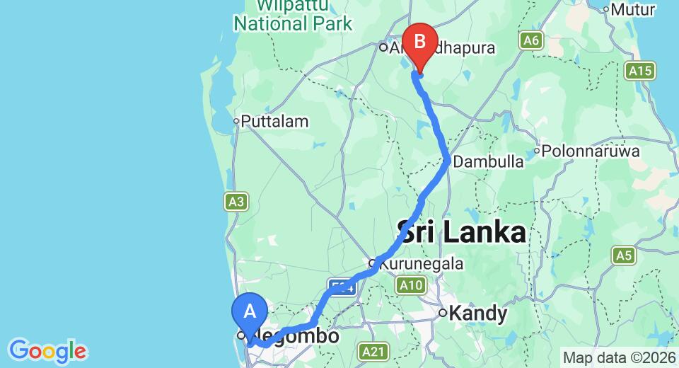 Driving route map: Colombo Airport (CMB) to Ulagalla Resort, Anuradhapura (173 km, approx 3 h 38 min private transfer)