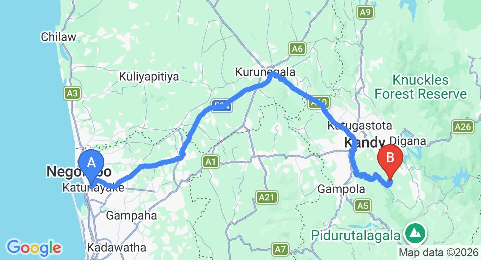 Driving route map: Colombo Airport (CMB) to Windloft Retreat, Kandy (142 km, approx 3 h 57 min private transfer)