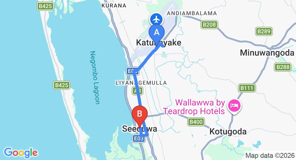 Driving route map: Colombo Airport (CMB) to Seeduwa (8 km, approx 19 min private transfer)