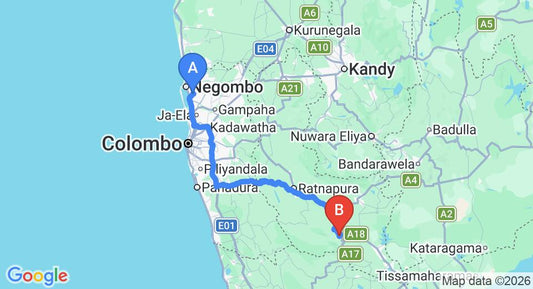Driving route map: Colombo Airport (CMB) to Sanctuary Resort, Rakwana (165 km, approx 3 h 51 min private transfer)