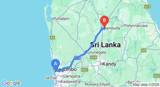 Driving route map: Colombo Airport (CMB) to Lake Lodge Boutique Hotel, Dambulla (135 km, approx 2 h 57 min private transfer)