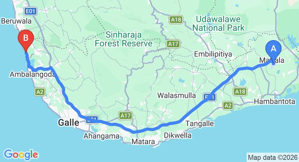 Driving route map: Mattala (HRI) Airport to Kosgoda (158 km, approx 2 h 14 min private transfer)