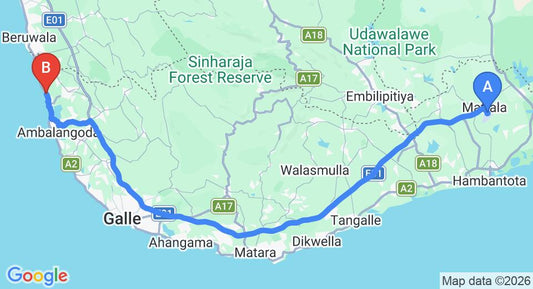 Driving route map: Mattala (HRI) Airport to Kosgoda (158 km, approx 2 h 14 min private transfer)