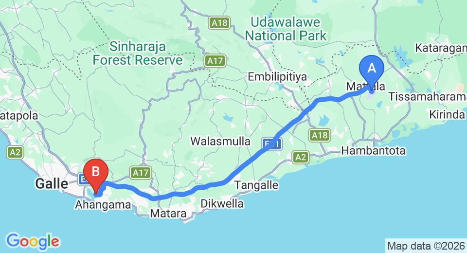 Driving route map: Mattala (HRI) Airport to Koggala (105 km, approx 1 h 29 min private transfer)