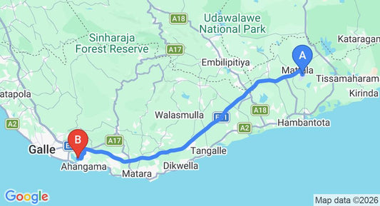 Driving route map: Mattala (HRI) Airport to Koggala (105 km, approx 1 h 29 min private transfer)