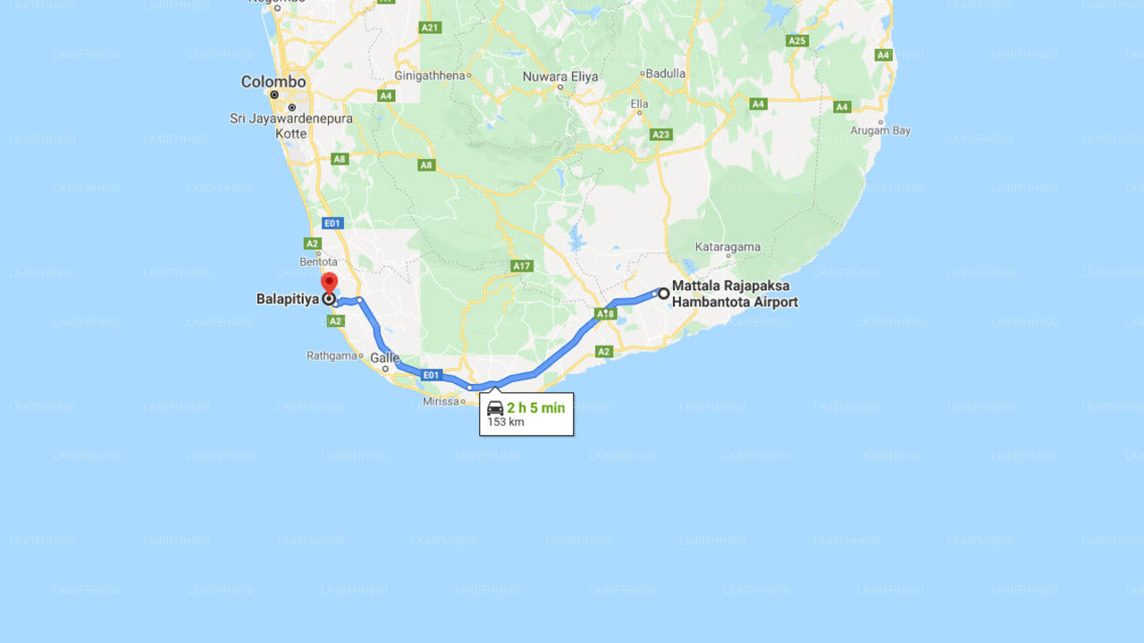 Mattala (HRI) Airport to Balapitiya City Private Transfer