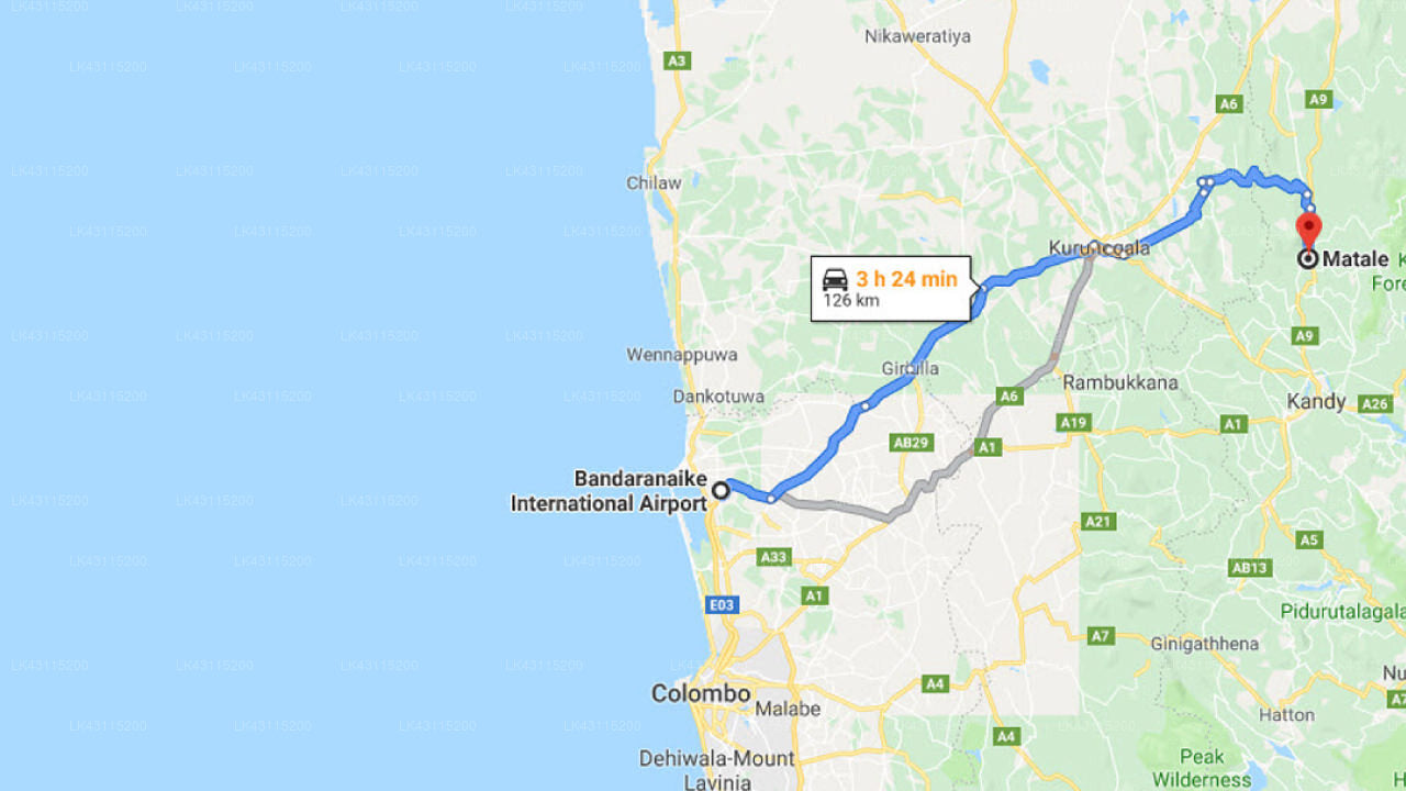 Transfer between Colombo Airport (CMB) and Re-Western Holiday Village, Matale