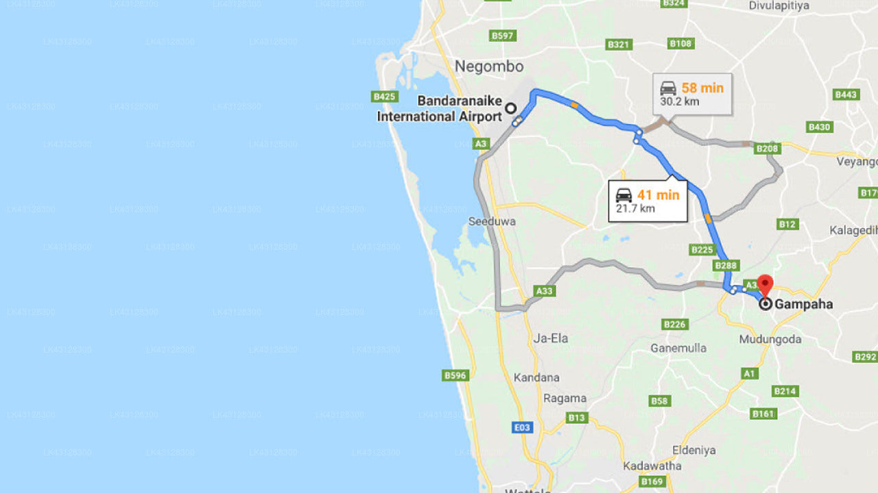 Transfer between Colombo Airport (CMB) and Otel Chalets, Gampaha